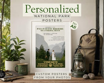 Individuelles Nationalpark-Poster nach Ihrem eigenen Foto, personalisierte druckbare Wandkunst im WPA-Stil, Camping Geschenk