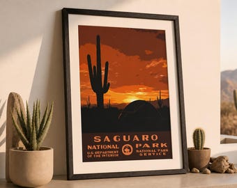 Saguaro National Park Camping Poster, Cactus Desert WPA Style Printable Wall Art, Vintage Arizona Travel Print