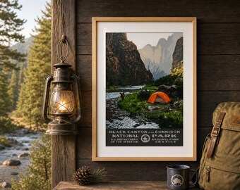 Black Canyon of the Gunnison Camping Poster, Colorado Canyon WPA Style Printable Wall Art, Vintage Travel Print