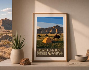 Badlands National Park Camping Poster, Prairie Canyon WPA Style Printable Wall Art, Vintage South Dakota Travel Print