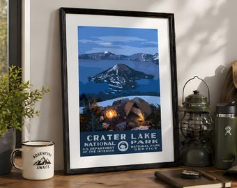 Crater Lake National Park Camping Poster, Blue Lake WPA Stil druckbare Wandkunst, Vintage Oregon Reisedruck