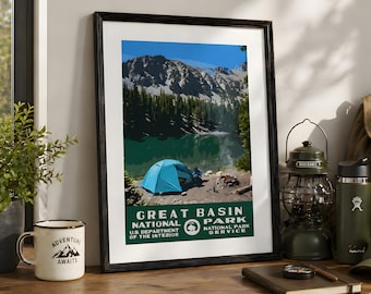 Great Basin Nationalpark Camping Poster, Bergsee WPA Stil druckbare Wandkunst, Vintage Reisedruck