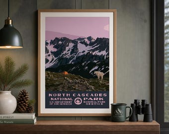 North Cascades National Park Camping Poster, Alpine Mountain WPA Style Printable Wall Art, Vintage Washington Travel Print