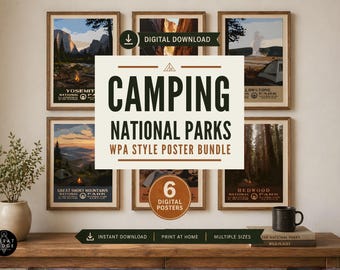 Nationalparks Camping Poster Set, 6 WPA Style Wall Art Prints, Vintage Reise Decor Bundle