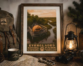 Everglades Nationalpark Camping Poster, Sumpfgebiet WPA Stil druckbare Wandkunst, Vintage Florida Reise-Druck