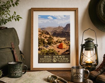 Big Bend National Park Camping Poster, Desert Mountain WPA Style Printable Wall Art, Vintage Texas Travel Print