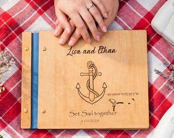 Sailor Adventure Book: Nautical Travelers Gift, Wooden Photo Booth Album, Custom Coordinates  Couples Scrapbook