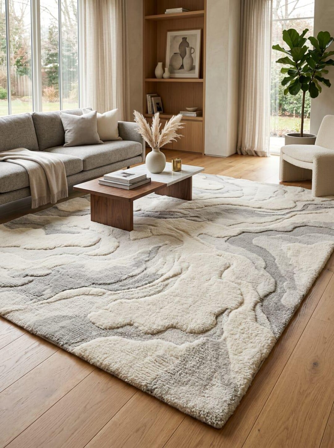 Modern Abstract Hand Tufted Wool Rug, Neutral Luxury Area Rug, Soft ...
