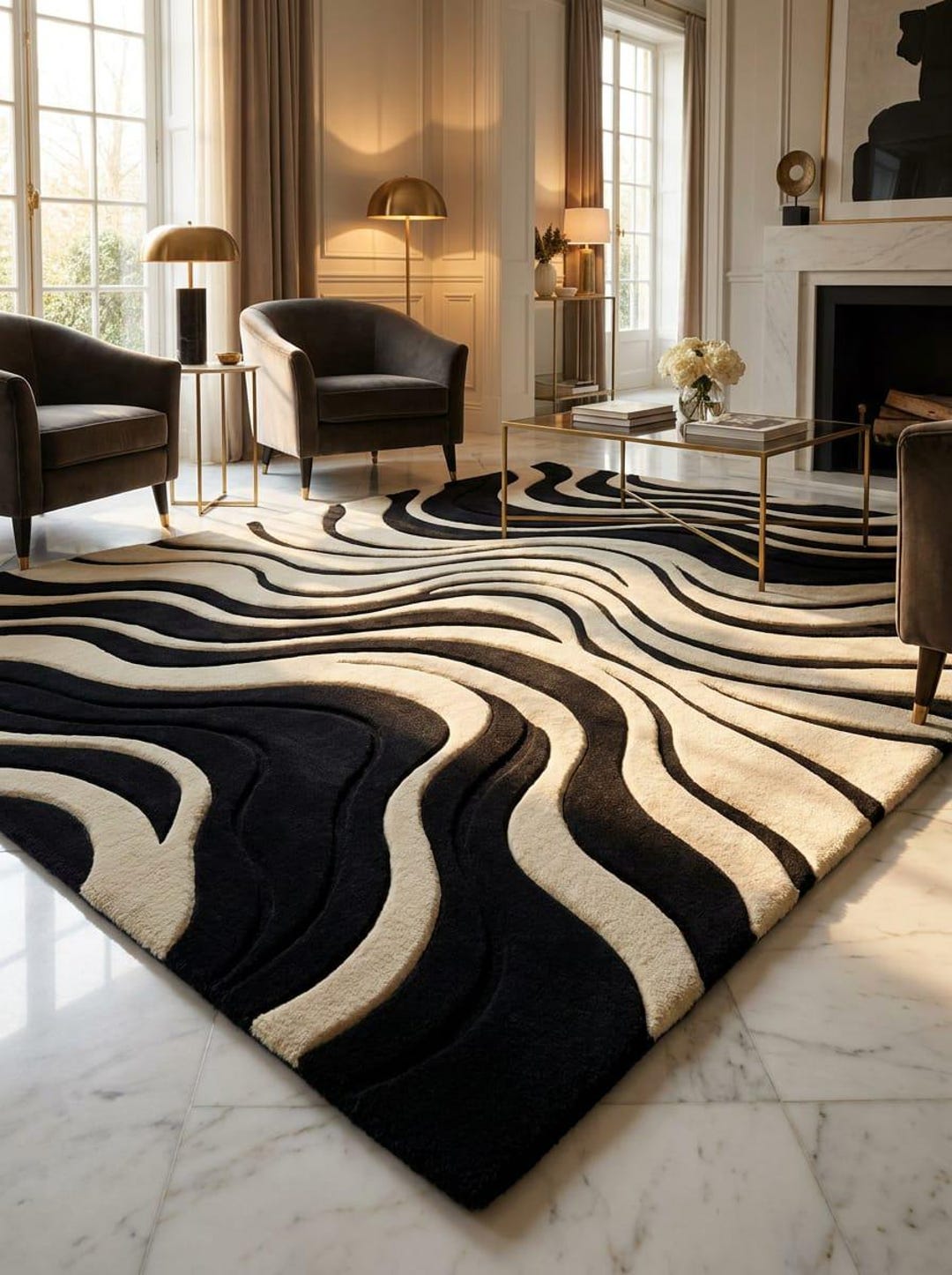 Modern Abstract Black Cream Rug, Hand Tufted Wool Area Rug, Luxury Wavy ...
