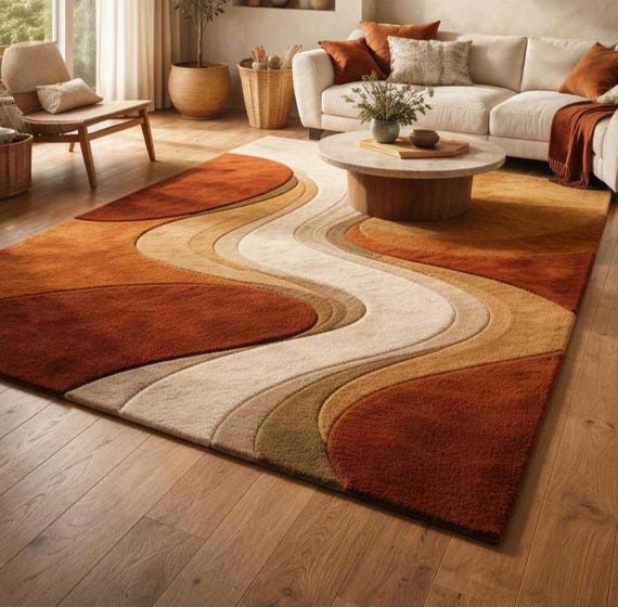 Handmade Modern Abstract Rug | Custom Tufted Carpet | Luxury Living Room Area Rug | Retro Wave Pattern Decor | Made to Order Soft Floor Rug