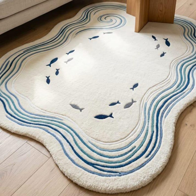 Ocean Wave Rug, Hand Tufted Wool Area Rug, Coastal Fish Design Carpet ...