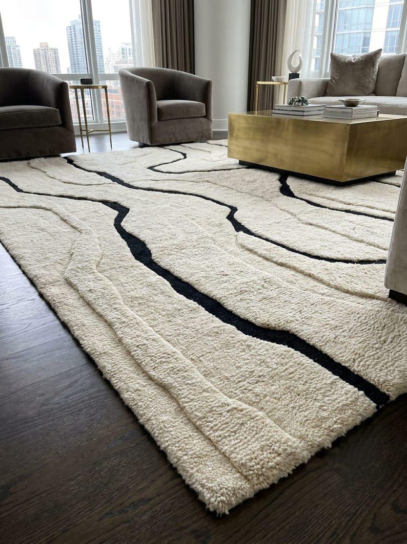 Modern Abstract Hand Tufted Wool Rug, Cream Black Luxury Area Rug ...