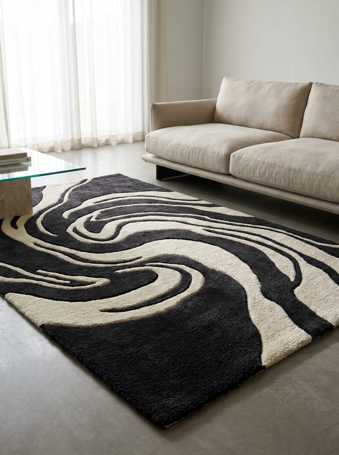 Modern Abstract Hand Tufted Rug, Black Cream Wool Area Rug, Luxury ...