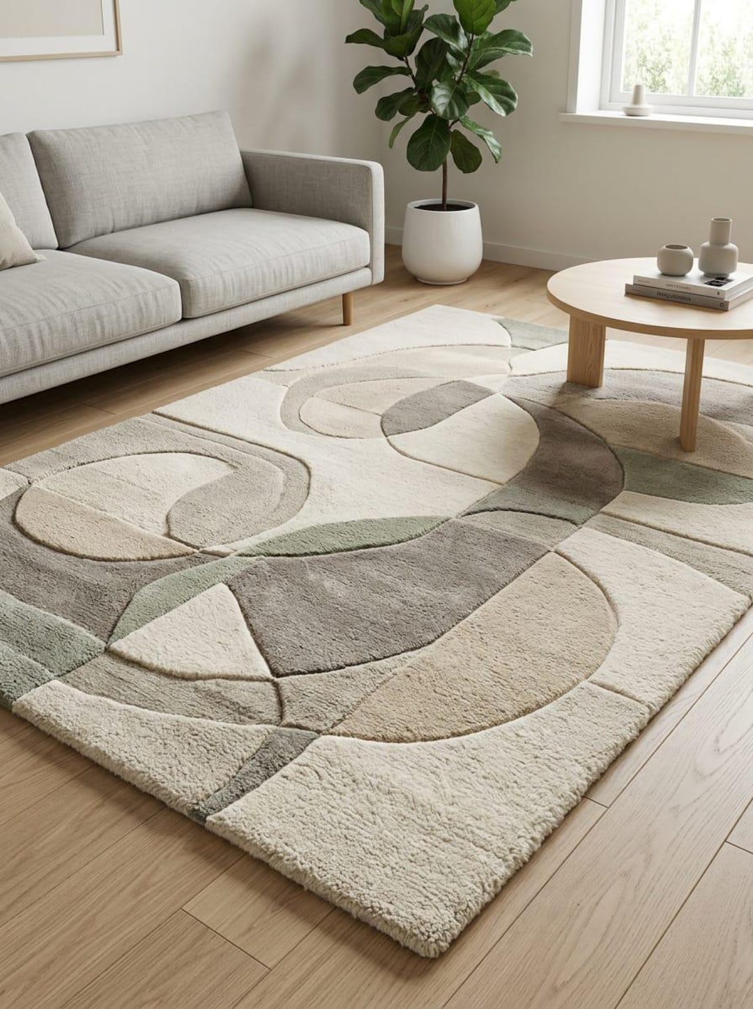 Luxury Hand Tufted Abstract Wool Rug, Modern Neutral Living Room Carpet ...