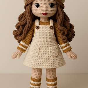 May include: Handmade crochet doll with a cream beret and brown curly hair. The doll wears a cream dress with brown buttons, a mustard sweater, and matching striped socks and shoes. The doll is a charming, handcrafted item.