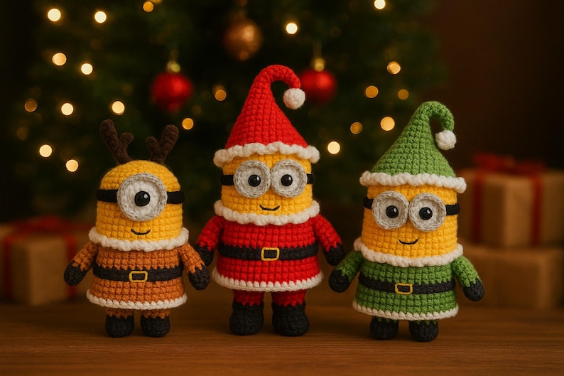Peut inclure: Trois figurines Minion crochet&eacute;es, v&ecirc;tues de tenues de No&euml;l. L'une porte des bois de renne, une autre un costume de P&egrave;re No&euml;l et la troisi&egrave;me un costume d'elfe vert. Elles se tiennent devant un sapin de No&euml;l avec des lumi&egrave;res et des ornements.