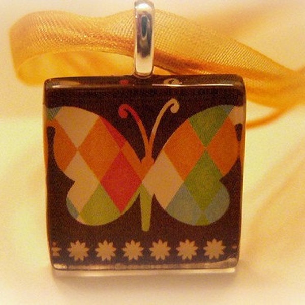 Butterfly with Diamonds Glass Tile Pendant