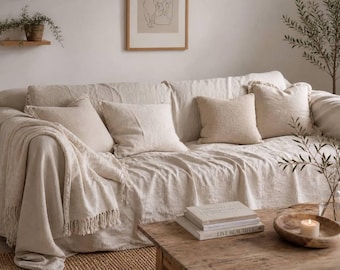 Extra Large Luxurious Linen Couch Cover Handmade Slipcovers for Any Sofa Furniture Protector Full Cover Couch Slipcover