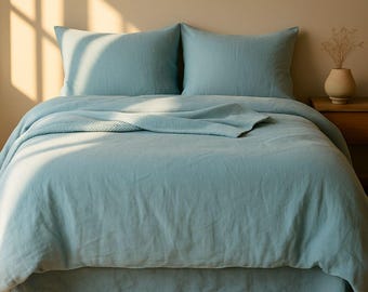 Boho Natural 100% linen duvet comforter cover custom sizes, Sea blue handmade soft stone washed bed linens queen, king, single, double, twin