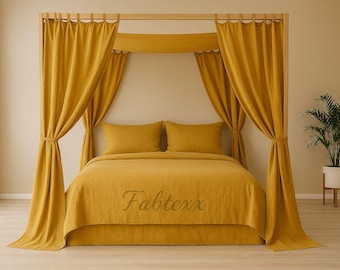 Washed Linen Bed Canopy Curtain Four Corner Tent Bedroom Decor, Natural Linen or Solid Various color Drape Canopy 1 Panel