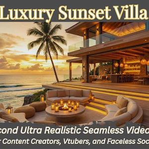 Może przedstawiać: Luksusowa willa o zachodzie słońca z palmą, widokiem na ocean i zewnętrzną częścią wypoczynkową. Obraz zawiera tekst "Luxury Sunset Villa" i "30 Second Ultra Realistic Seamless Video Loop."