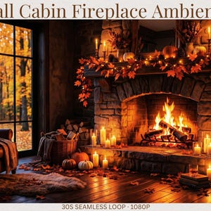 Könnte beinhalten: Eine digitale Anzeige mit dem Titel Fall Cabin Fireplace Ambience, die einen Steinkamin mit brennendem Feuer, orangefarbene Herbstlaubgirlanden, Kürbisse und Kerzen zeigt. Die Szene umfasst einen Ledersessel, ein Fenster mit herbstlichen Bäumen und den Text 30S SEAMLESS LOOP 1080P.