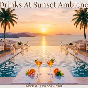 Peut inclure: Une vidéo numérique intitulée Drinks At Sunset Ambience, 30S Seamless Loop 1080P, montrant deux cocktails orange à la menthe sur une table en marbre près d'une piscine, des canapés blancs, des palmiers et un coucher de soleil sur l'océan.