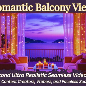 May include: A digital image depicting a romantic balcony scene at dusk. The view includes a balcony overlooking the sea with a purple and orange sky. The balcony has two sofas, candles, and fairy lights. Text reads "Romantic Balcony View".