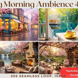 May include: A digital art collage featuring four scenes of spring ambiance. The top left shows a cafe with a blue awning, the top right a lakeside gazebo, the bottom left a cozy outdoor living room, and the bottom right a library with a fireplace. Text reads "Spring Morning Ambience 4 Pack".