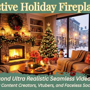 Puede incluir: Una escena festiva navideña con un árbol de Navidad decorado, una chimenea y una vista nevada al aire libre. La imagen incluye el texto "Festive Holiday Fireplace" y "30 Second Ultra Realistic Seamless Video Loop".
