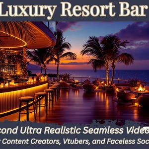 Puede incluir: Un bar de lujo en un resort iluminado al atardecer. El bar tiene un diseño curvo con taburetes y está rodeado de palmeras y zonas de estar. El texto "Luxury Resort Bar" está en la parte superior. El texto "30 Second Ultra Realistic Seamless Video Loop" está en la parte inferior.