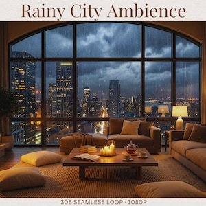 May include: Interior scene with a large window overlooking a rainy cityscape at night. A fireplace with a burning fire, candles, and comfortable seating create a cozy ambiance. The text "Rainy City Ambience" is at the top.