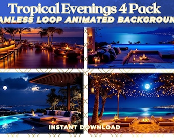 Puede incluir: Imagen de arte digital con cuatro escenas de noches tropicales. Arriba a la izquierda, un bar con luces; arriba a la derecha, una piscina con asientos; abajo a la izquierda, una piscina con luna llena; y abajo a la derecha, una playa con luces.