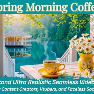 May include: A tranquil scene with a coffee cup and saucer adorned with a daisy pattern, a yellow jug of daisies, and a lake view. The image includes the text "Spring Morning Coffee" and "30 Second Ultra Realistic Seamless Video Loop".