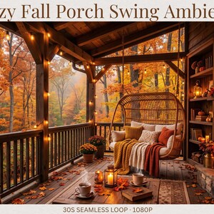Puede incluir: Una escena de porche con el texto Cozy Fall Porch Swing Ambience y 30S SEAMLESS LOOP 1080P. Un columpio de ratán con mantas junto a una chimenea de piedra con fuego, luces de cadena y follaje otoñal visible a través de la barandilla.