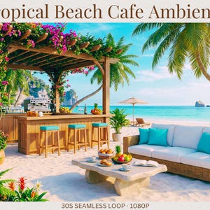 Puede incluir: Una escena de café tropical en la playa con una barra de madera, taburetes y una zona de estar. La barra está adornada con frutas y flores, y la zona de estar cuenta con un sofá blanco con cojines turquesa. El texto "Tropical Beach Cafe Ambiance" está en la parte superior.
