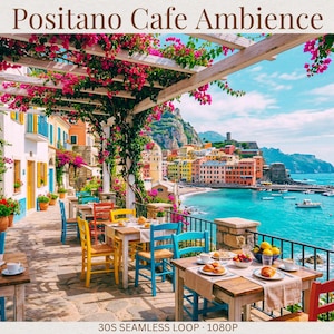 May include: A picturesque cafe in Positano, Italy, with tables ready for diners. The image shows colourful buildings, blue shutters, and bright flowers. The text "Positano Cafe Ambiance" is at the top.