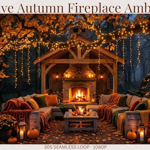 May include: An outdoor lounge area with a stone fireplace, wooden structure, and sectional seating draped in orange, red, and green blankets. The scene features string lights, pumpkins, and potted flowers under autumn trees. Text reads Festive Autumn Fireplace Ambience and 30S SEAMLESS LOOP 1080P.