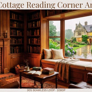 Può includere: Un accogliente angolo lettura con camino e finestra che si affaccia su un giardino piovoso. La stanza presenta una libreria in legno, un tavolino con libri e comode sedute. Il testo in alto dice "Rainy Cottage Reading Corner Ambiance."