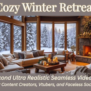 May include: A cozy living room scene with a fireplace, large windows overlooking a snowy forest, and comfortable seating. The text "Cozy Winter Retreat" and "30 Second Ultra Realistic Seamless Video Loop" are displayed.