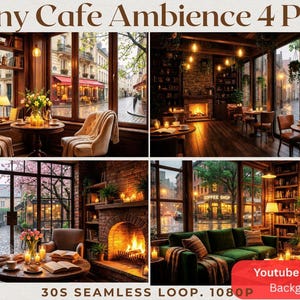 Może przedstawiać: Kolaż czterech przytulnych scen kawiarnianych z deszczową atmosferą. Każda scena charakteryzuje się ciepłym oświetleniem, kominkami i widokami na europejskie ulice. Widoczny jest tekst "Rainy Cafe Ambience 4 Pack" i "30S SEAMLESS LOOP. 1080P".