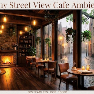 May include: An interior scene of a cafe with a rainy street view. The cafe features a fireplace, bookshelves, and round tables with chairs. The street outside is wet, with cobblestone and streetlights.