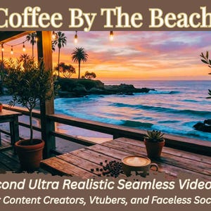 Puede incluir: Una escena de playa al atardecer con el texto "Coffee By The Beach". Una taza de café está sobre una mesa de madera con granos de café. También se ve el texto "30 Second Ultra Realistic Seamless Video Loop".
