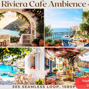 Puede incluir: Cuatro imágenes que muestran el ambiente de un café de la Riviera italiana. Las escenas incluyen asientos al aire libre con vistas al mar, vegetación exuberante y edificios coloridos. El texto dice "Italian Riviera Cafe Ambience 4 Pack" y "30S SEAMLESS LOOP. 1080P".