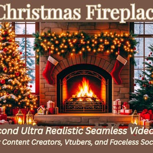 May include: A festive Christmas scene featuring a fireplace with a roaring fire, flanked by decorated Christmas trees and stockings. The text "Christmas Fireplace" is displayed above, with additional text below indicating a 30-second video loop.