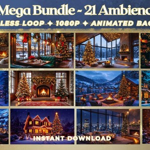 May include: A digital product bundle titled "Holiday Mega Bundle" featuring 21 animated ambiance videos. The videos include seamless loops and animated backgrounds in 1080P resolution. The words "Instant Download" are also visible.