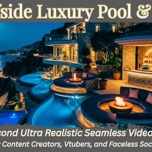 Puede incluir: Vista nocturna de una lujosa piscina y bar en un acantilado. La imagen muestra una piscina de varios niveles con un pozo de fuego y una zona de estar. El texto dice "Cliffside Luxury Pool & Bar" y "30 Second Ultra Realistic Seamless Video Loop".
