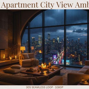 May include: A cozy apartment interior with a city view during a rainstorm. The room features a fireplace, candles, and comfortable seating. The large window offers a view of the city skyline at night. The text "Rainy Apartment City View Ambiance" is at the top.