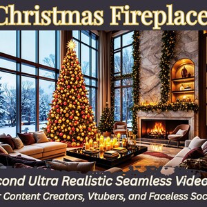 May include: A cozy living room scene with a decorated Christmas tree, fireplace, and comfortable seating. The room is illuminated by warm lighting and features a large window with a snowy outdoor view. Text reads "Christmas Fireplace".