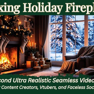 May include: A cozy holiday scene with a fireplace, Christmas tree, and armchair. The fireplace has a roaring fire, stockings, and garland. The text reads "Relaxing Holiday Fireplace" and "30 Second Ultra Realistic Seamless Video Loop".